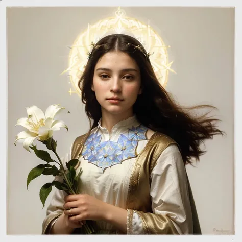 Crooked image of a woman holding a flower with a halo above her head, majestic holy woman, Portrait of the Virgin Mary,   catholic religious art  , Graceful portrait of a saint,  inspired by the Master of the Legend of Saint Lucia , inspired by Carl Heinri...