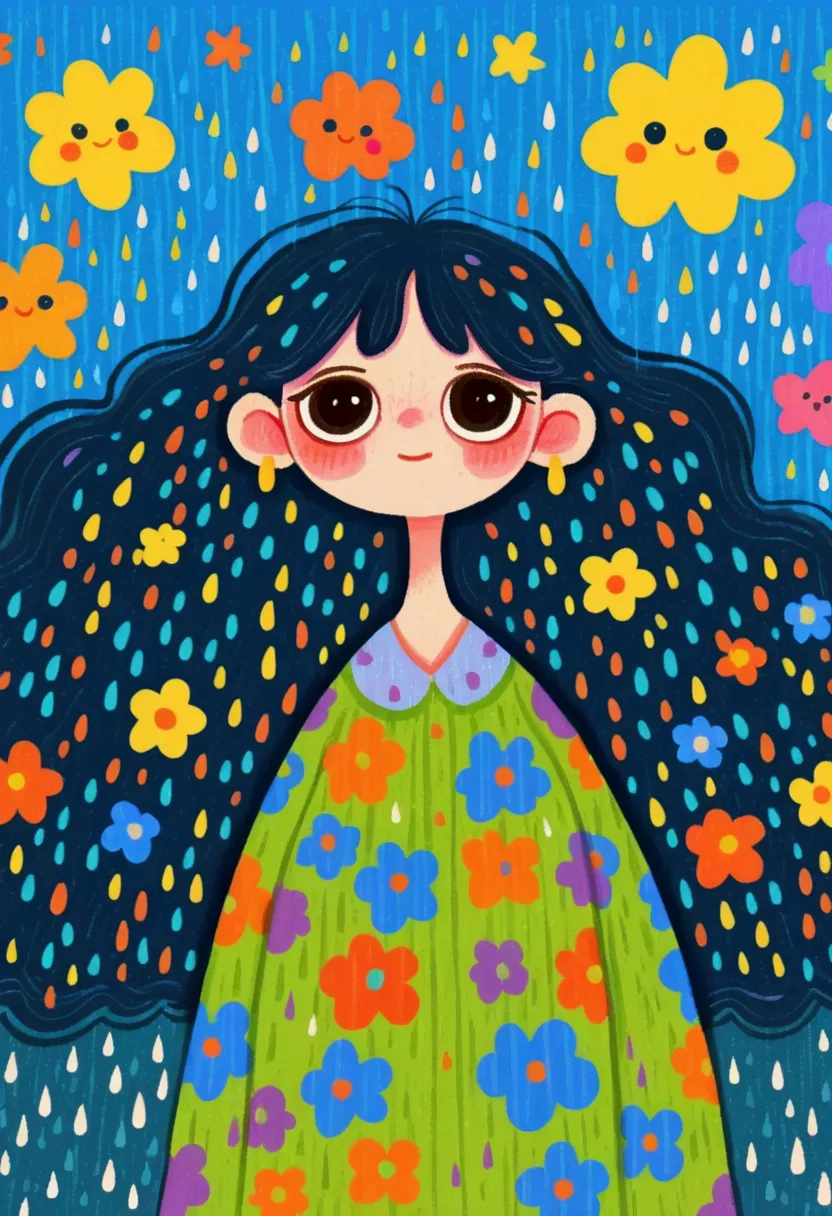 a painting depicting a girl with long hair ,  hand drawn cartoon style,  2 d gouache illustration ,  colorful illustration , car...