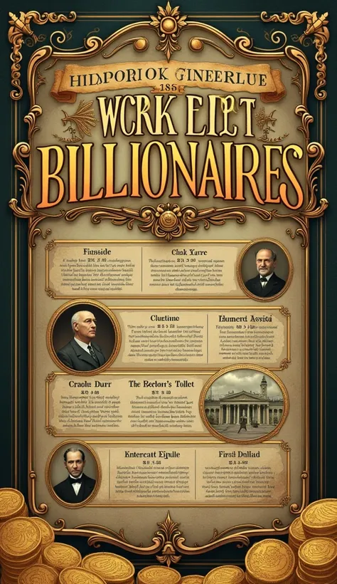 "Historical timeline illustration with a subtle background image of old money, gold coins, or vintage currency, and a title The Worlds First Three Billionaires in History in bold, golden font."
Style: Vintage-inspired illustration
Color Palette: Earthy ton...