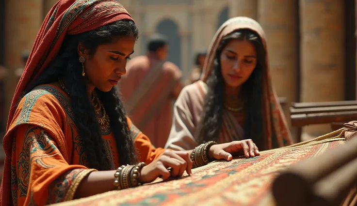 A close-up of a Canaanite woman wearing traditional attire, weaving intricate patterns on a loom, while an Egyptian woman nearby, dressed in typical Egyptian fashion, looks on with a mix of curiosity and skepticism.