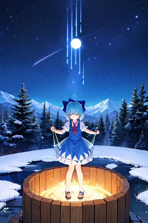 A large number of Cirno (touhou)が雪景色の雪降る夜の大きな露天風呂♨️に入っている