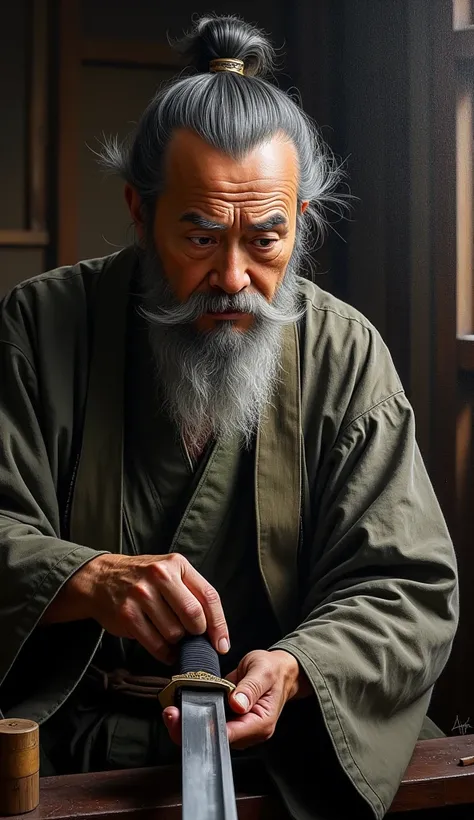 realistic oil painting on canvas, portrait of ancient japanese master blacksmith, making a katana sword, intricate details on sword, masterpiece of handmade swords, skilled craftsmanship, focused expression, traditional clothing, intense concentration, dra...