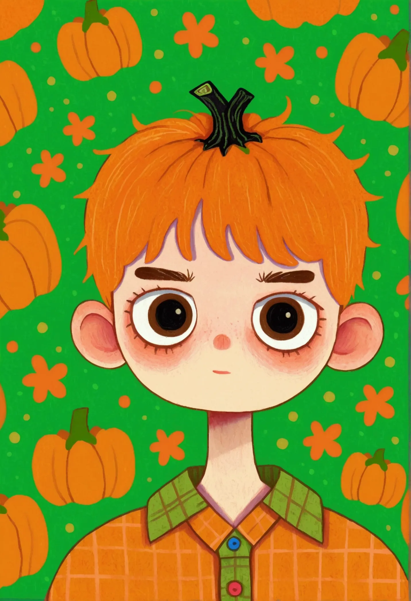 portrait of a boy ,  pumpkins and green background，  halloween art style, change, 🍁  cute, hand drawn cartoon style, 🍂  cute,  c...