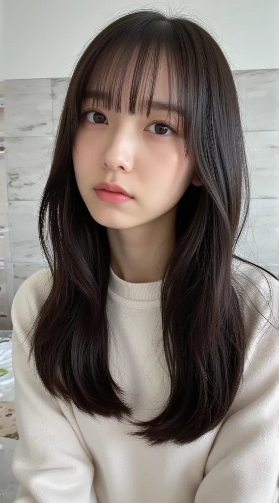 (((crying face)))、韓国風の黒hairの女性が平和のサインをしている、japanese women、selfie　crying face、extremely quality   photos inserted inside,  sharp ...