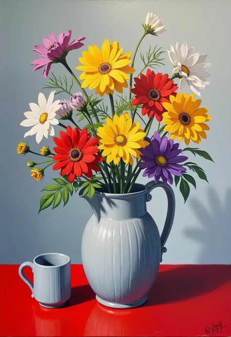 An oil painting of a vibrant bouquet of flowers in a simple, light gray vase with subtle patterns, placed on a red table. The flowers are in a variety of colors, including yellow, red, purple, and white, arranged in a natural, spontaneous way. In the backg...