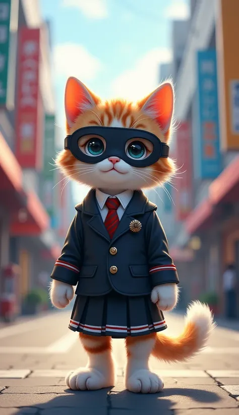 Cute kitten。Im wearing a black and white suit。He has a mask on his face 。The background is Takeshita Street in Tokyo 。 bipedal。
 reflects natural light to create painterly details and atmosphere。 wearing cheerleading clothes reflects prompts in detail 。
9:...