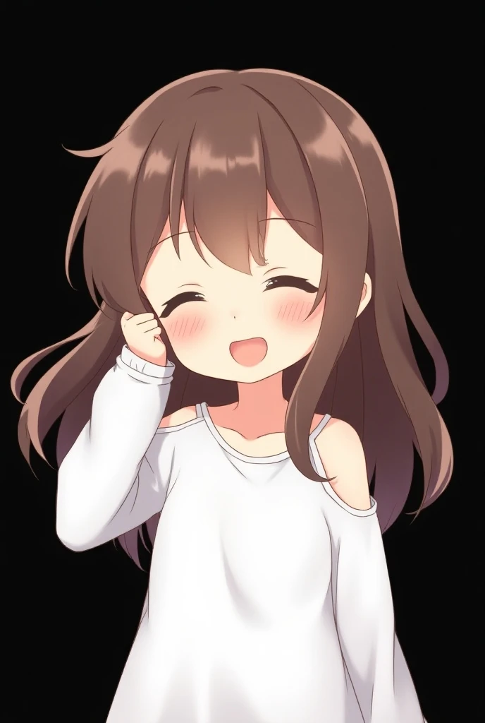 Anime girl ((( brown hair , long hair , closed eyes , > < shaped eyes  , white long sleeve t shirt , open shoulders ))) blank black background , chibi , blushed , holding her head , embarrased