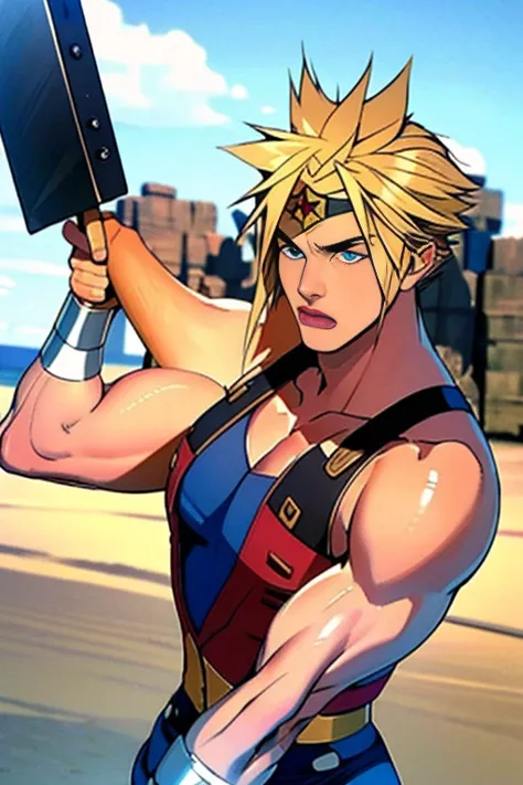 ( high definition), ( Best Quality ), ( high definition, ( Best Quality ), (Cloud Strife), (Overall view)  cool and handsome face    ,The beauty of Wonder Womans costume, 18 years old,    toned and muscular  ,  cool and handsome face で  , SharpEye