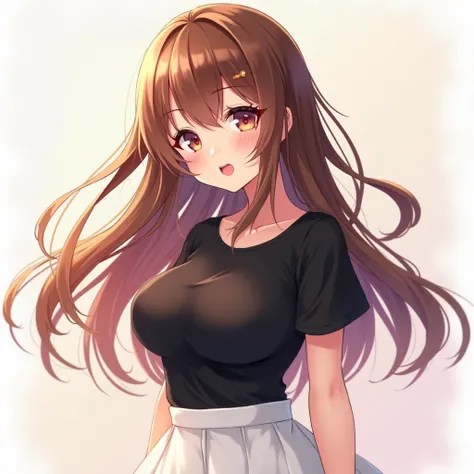 Anime girl, brown hair, curvy, cheeky smile, black shirt and white skirt 