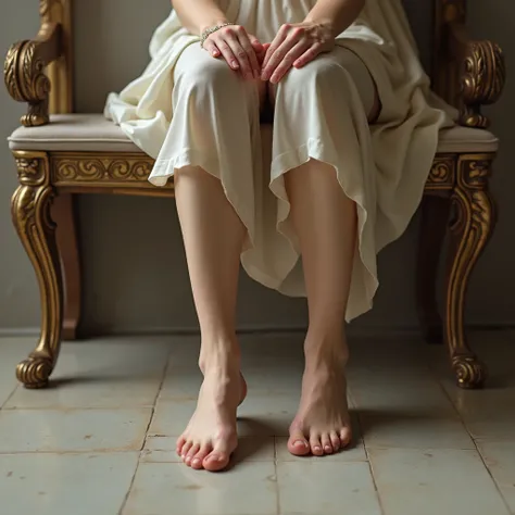 Il y a une personne avec des ongles roses assise sur un banc, arabesque, une photographie macro, inspiré par Michel-Ange Buonarroti, détaillé , gros plan sur le pied