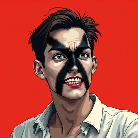 A stylized vector art portrait of a evil malevolent man, evil grim smile  ,brown hair blue Asian eyes , with a black and white face, partially obscured by a bold scar cross on head strip across his eyes and mouth. The background is a solid red. The figure ...