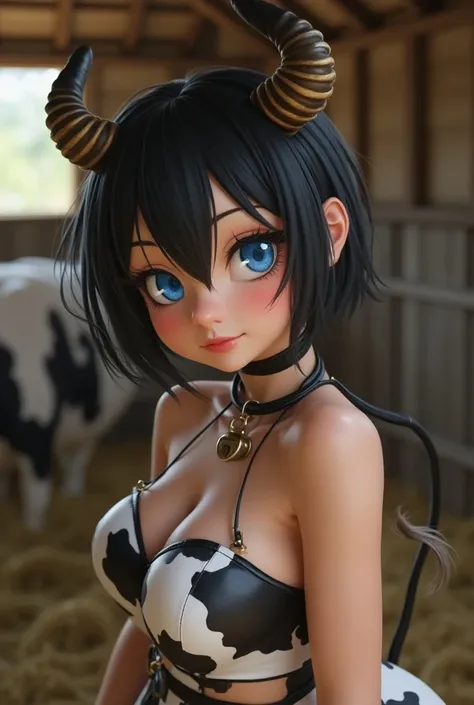 Adult sexy woman, cute beautiful woman, cute sexy face, cow horns, long cow tail, blue shiny big eyes, tube lips, mooing like a cow, hooves instead of hands, puffy pink lips, black and white hair, bob hairstyle, woman chewing hay, sexy skinny body, flat sk...