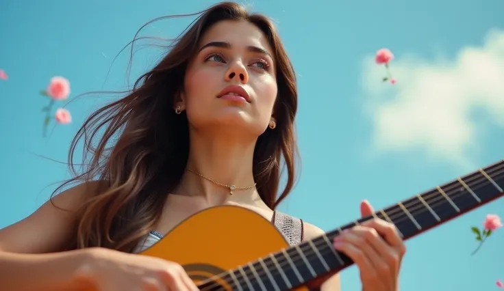 ((best quality)), ((masterpiece)),(detail), perfect face, full body shot of a young latin woman playing guitar, woman with v-line face and blue eyes, Clear face, clear guitar, latin style, rose pedals flying on the sky, nature random background, hyper-real...