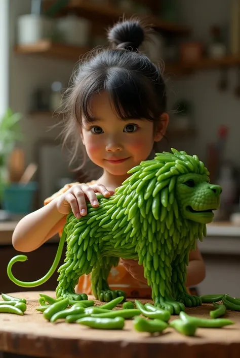 A girl is making a lion sculpture from green chillies