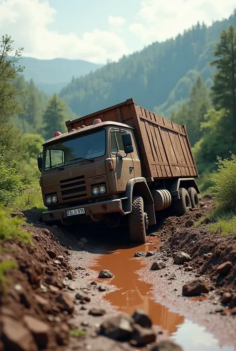 Cargo delivery truck crushed on off road delivery, mud road