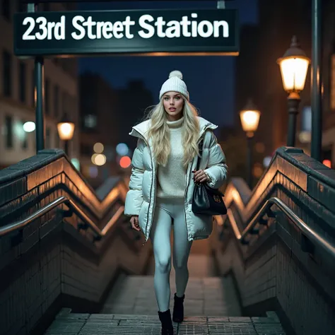 “Ultra-realistic, high-resolution (32K) night scene at 23 Street Station (Downtown & Brooklyn) subway exit in New York City. A woman with long, platinum blonde hair is walking up the stairs from the underground metro to the street level. She is wearing a w...