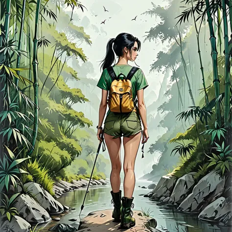 back view, 
(backpack on the ground), (fishing rod), day, girl  in a green t-shirt and green shorts and black hiking boots walking with a fishing rod in hand and a bag behind his back next to the river in the bamboo forest,  full body, (fullbody), looks in...