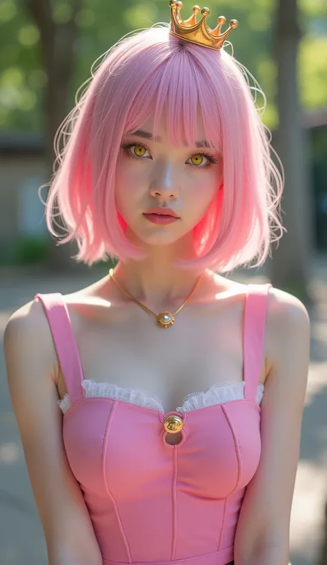 ((ultra high resolution photo realistic image of gundam Mecha robot series fan)), Girl wearing Pink clothes, crown necklace suspender set, bright yellow anime styled contacts, pastel pink wig, detailed exterior setting near trees, natural sunlight, sharp f...