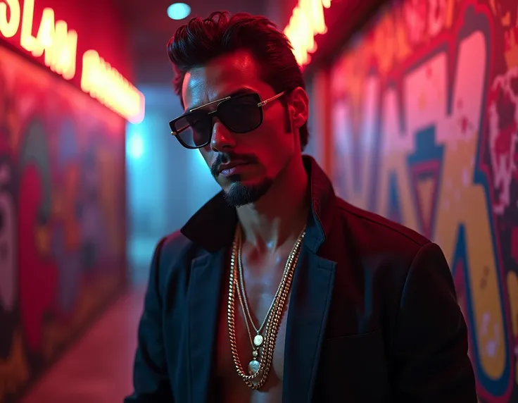  image of Mexican singer José José in the foreground with sunglasses and a gold chain, as if he were a rapper ,  with an urban background full of graffiti and neon lights ,  contrasting with his classic image of a romantic balladist .