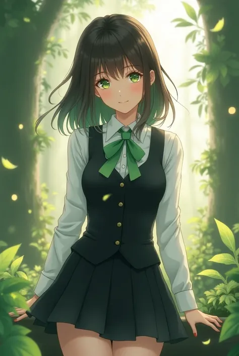 , the painting style is full、woman、Age: 20、The length of the hair is up to the collarbone、The color of the hair is dark brown 、Hair highlights are green 、 My bangs are long enough to fit my eyes、 My hair is spreading softly 、Droopy eyes、Eye color is green、...