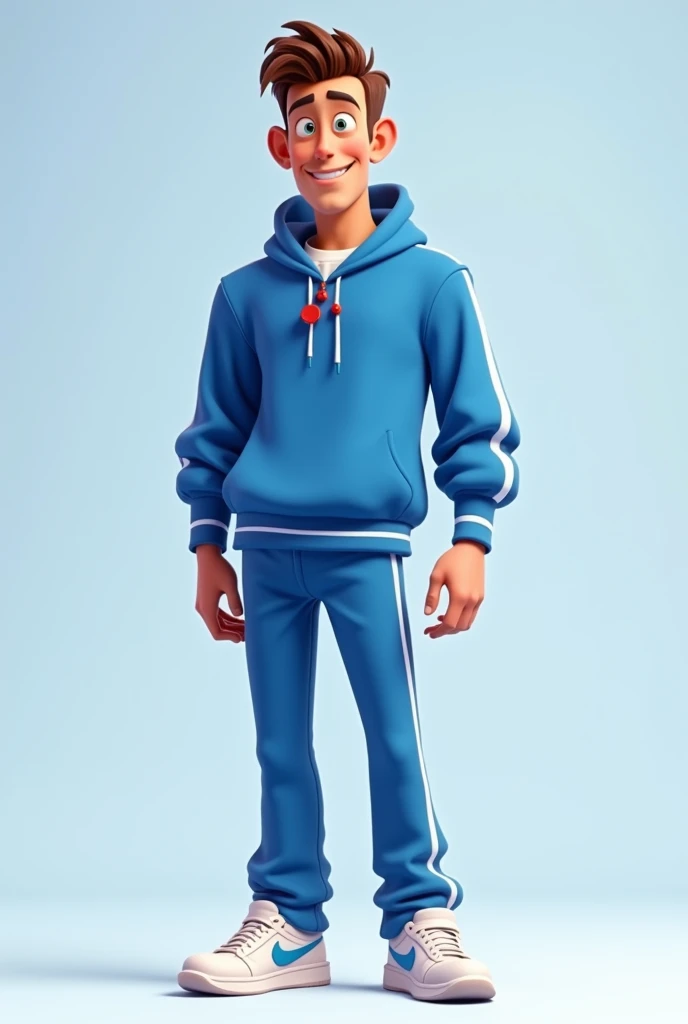  slim man with blue sports sweater and light blue lines on the sleeves and the side of the pants,with white sneakers and with a whistle hanging around the neck ,  THE ANIMATION MUST BE LIKE THAT OF PIXAR 