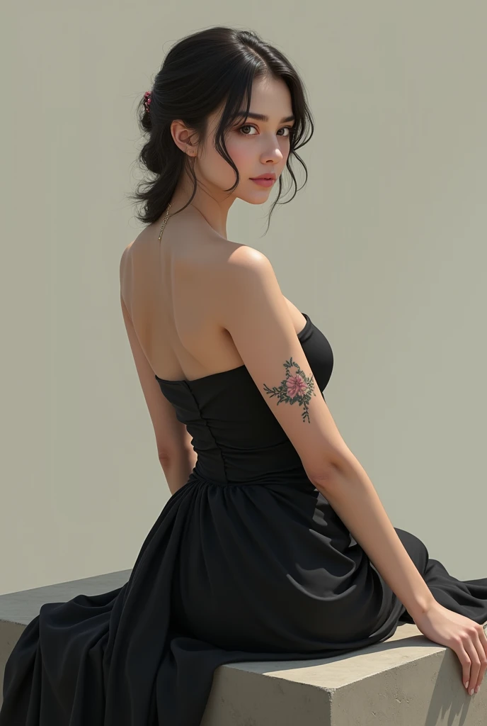 The image shows a young woman sitting on a stone bench with her hand resting on her lap. She is wearing a black strapless dress and has a tattoo on her left arm. with half updo hairstyle.