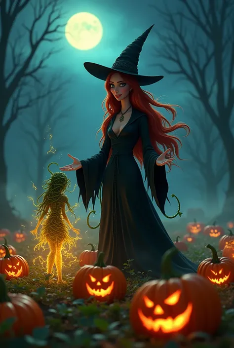 On a spooky moonlit night, a haunted pumpkin patch is enveloped in low fog, its atmosphere thick with dark magic. The first witch, with long red hair and glowing eyes, stands tall in a black robe, her sinister smile visible as she channels dark power. As t...