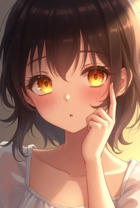 An anime girl with sparkling yellow eyes is beautiful and shiny and has her hand on her cheek