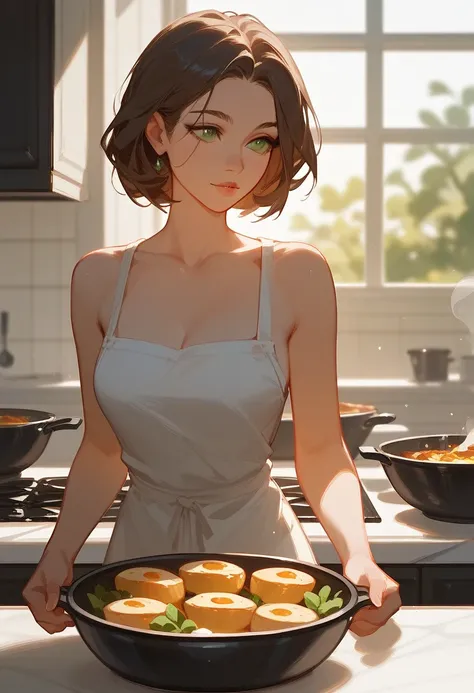 The kitchen is filled with the morning sun, and there is a large window, giving it a green, lived-in feel. A beautiful young mother is cooking breakfast there.