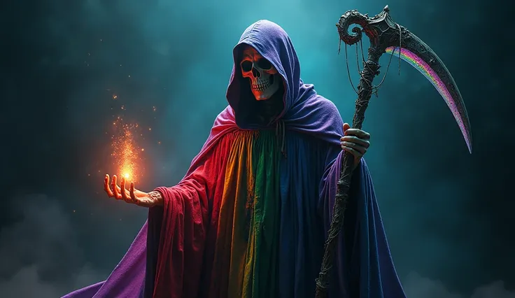 a grim reaper in rainbow pride colors, rainbow cloak, glowing rainbow scythe, dark mysterious background, dramatic lighting, cinematic composition, highly detailed, photorealistic, 8k, best quality, masterpiece