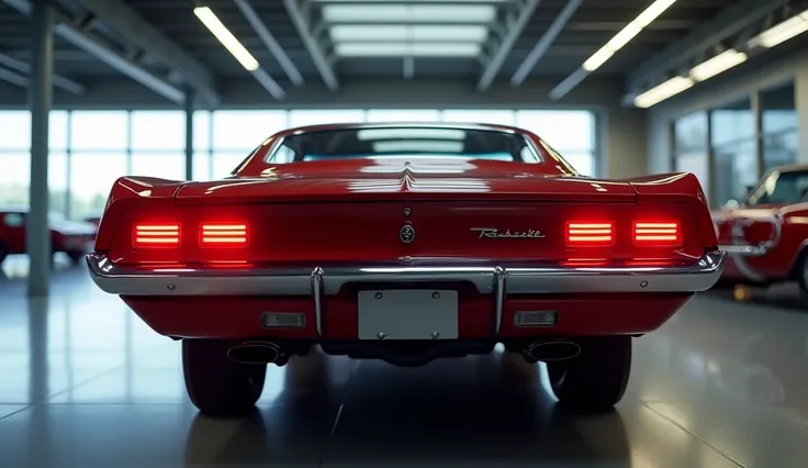 A realistic, high-quality image of a classic muscle car from the 1960s, seen from the rear view in a dark red color. The car has a sleek, reflective surface with a glossy finish that captures the details of its modern showroom surroundings. The taillights ...