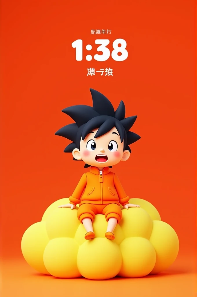 Character: "A cartoon character with spiky black hair wearing an orange outfit, sitting on a yellow cloud."


2. Background: "Bright red background with a minimalist style."


3. Additional Details: "The time 1:38 is displayed at the top in white bold font...