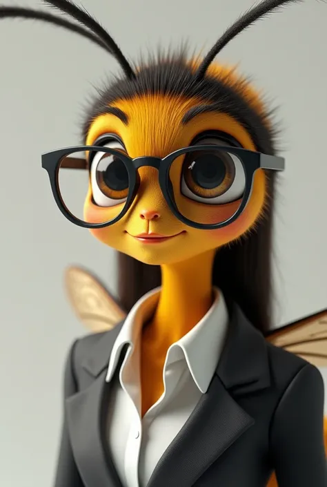 Beautiful female bee ,  with a suit and glasses, HEAD ON 