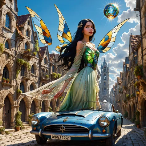 a beautiful young woman with long black hair, head bowed, in a ruined medieval European town, cities in the sky, blue sky, wearing stained glass-like clothing, flying car, holding a glowing orb with numbers inside, tinkerbell-like wings