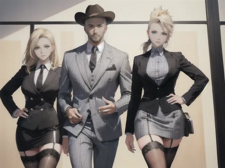 ((best quality, 4k, 8k, highres, masterpiece:1.2, ultra-detailed,Correct Anatomy)),((Woman: mature woman, black eyes, blond hair, Clothing: Gray suit, mini skirt,Garter Stockings)),Wood bass, Country, Rockabilly, Cowgirl,Cowboy hat, (((Male: Businessman, A...