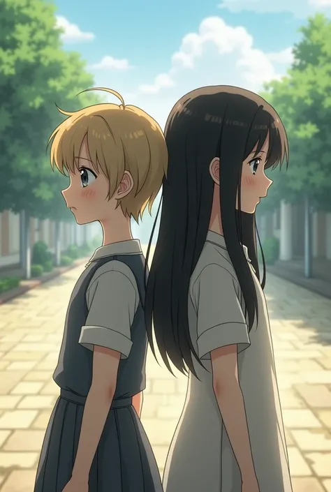 Two girls each facing one way, the one on the left with a short haircut above the ear and light curls, her face with small freckles and the other with straight black hair below the shoulder, both facing opposite directions