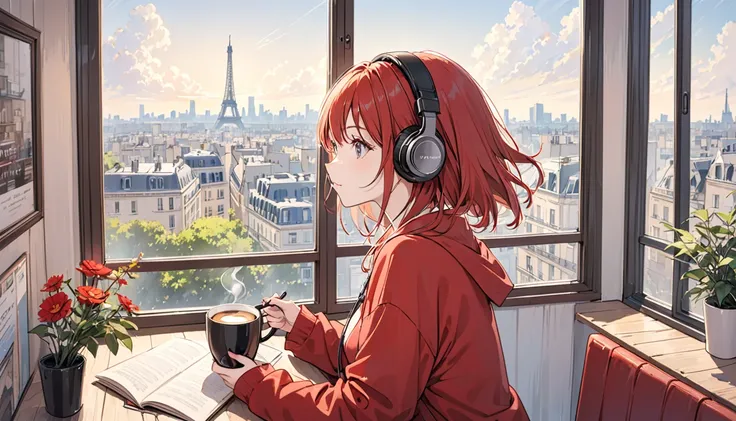  girl with headphones, drinking coffee in a mug while listening to jazz music,Cafe,Looking out the window,Outside the window is the Parisian skyline ,relax