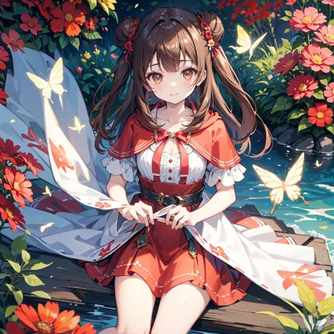 kawaii, anime, Cute, hyper quality, highly detailed, 8k, Clarity, Draw facial expressions in detail, brown eyes, brown hair, The whole thing is colorful, Little Red Riding Hoods outfit, 1 bun knot, Im in a flower garden, highlight on eyes, flowers fall, It...