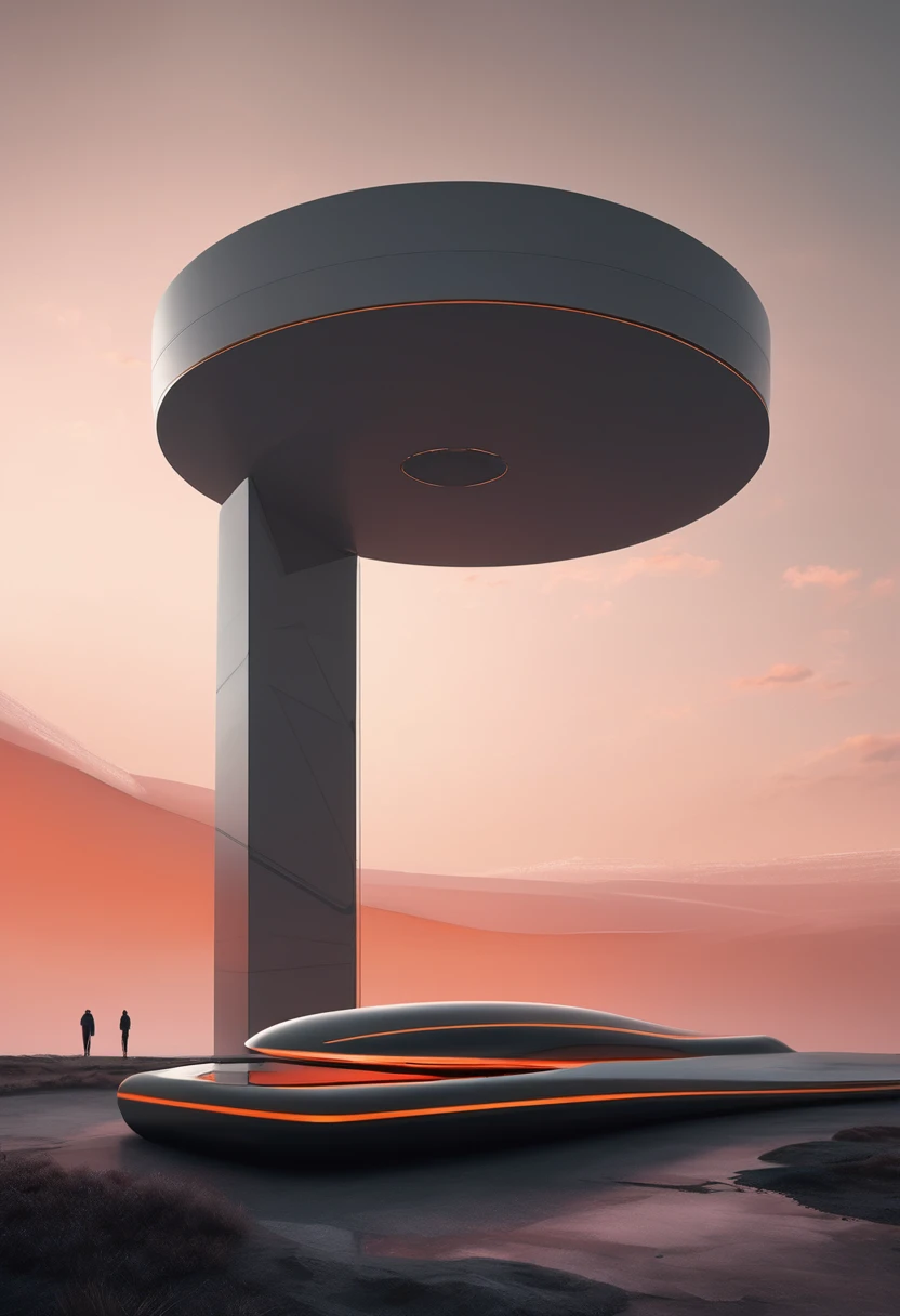 "A surreal, minimalist scene with futuristic and architectural elements set against a stark, almost featureless landscape. Dominating the foreground is a sleek, dark vehicle with a streamlined shape and an orange-red highlight that glows along its edge, gi...