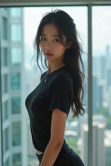 Beautiful Korean woman with long hair unraveled in T-shirt poses sideways body and face focus to camera professional model background in Hong Kong city mall 