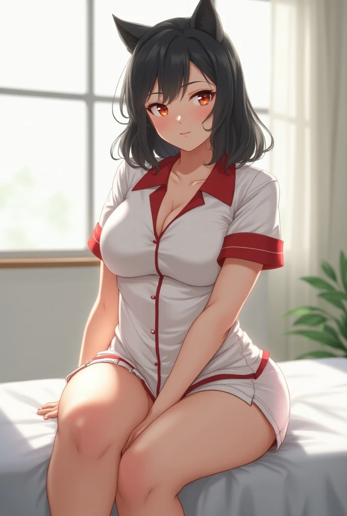 A picture of large breast asian nurse with overflowing cleavage, medium length black hair, white and red nurse uniform, sitting on empty hospital bed by the window, with bright sunlight. Dynamic and cute pose image, no makeup look, sweet smile, wolfcut hai...