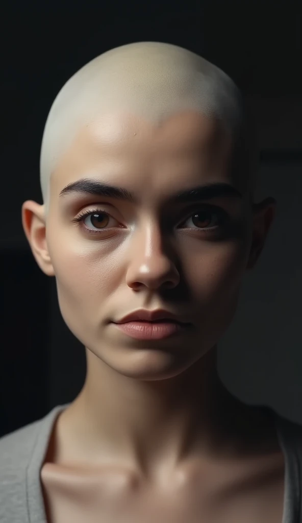 ((full body cinematic Image)). ((completely bald woman)) with a (((smooth, pale, hairless, head))). detailed, hyper realistic, photorealistic, sharp focus, 8k, hyperdetailed eyes, extremely detailed skin, striking facial features, high contrast lighting, d...