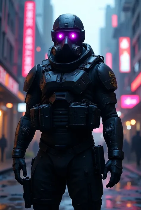 A soldier wearing a helmet and gas mask with purple neon eyepieces, in armour,  cyberpunk Style .