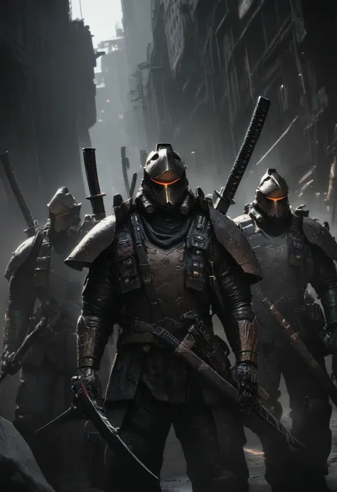 A squad of elite futuristic space trooper samurai, detailed metallic samurai armor, highly ornate and geometrical, brandishing katana swords, rifles slung on their backs, in a grim futuristic warzone, cinematic lighting, dark moody atmosphere, hyper-detail...