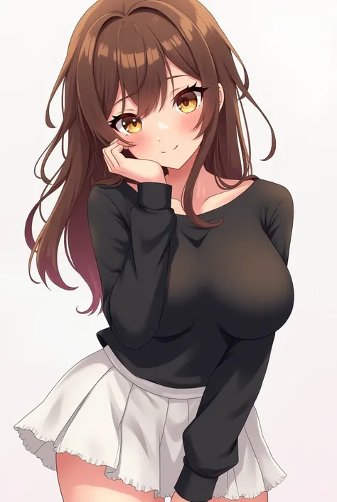 Anime girl, brown hair, brown eyes, curvy, black shirt, long sleeves, short white skirt 