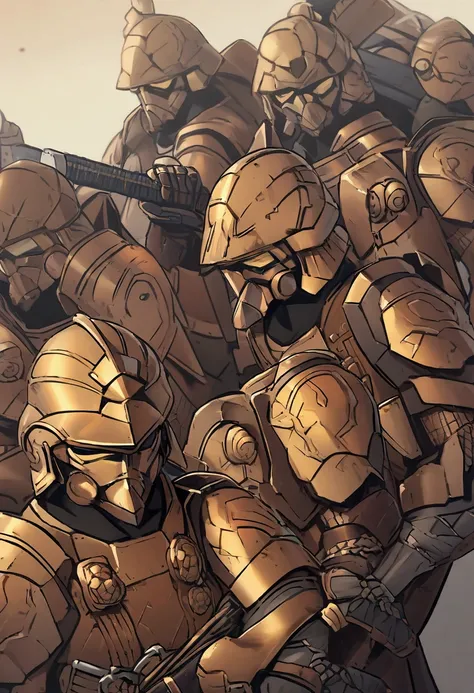 A squad of starm troopers from Star Wars re-stylized as ornate high tech Samurai armor, their rifles are slung on their back, they are brandishing metallic Katana, one per person, warzone
