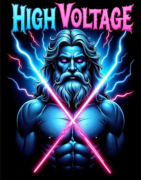 creative logo illsutartion fantasy style of crossed bright blue thunder bolts set in the background a black and white intricate pencil drawing of zeus with vivid fushia eyes holding a vivid fushia thunder bolt in his hand,  featuring the word ( HIGH VOLTAG...