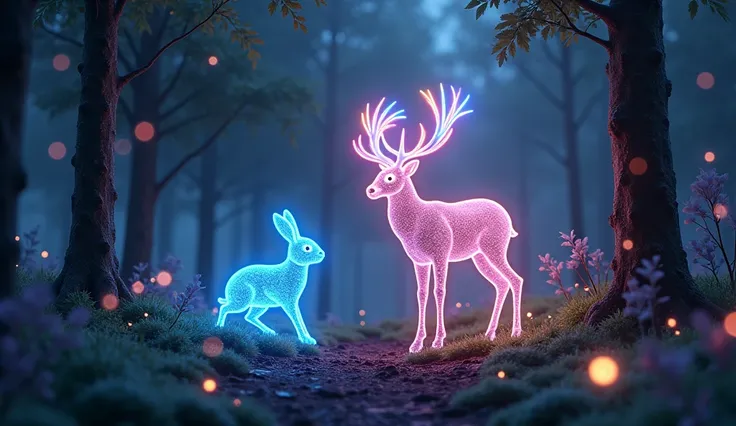 A hyper-realistic view of a magical forest at night, illuminated by a glowing rabbit and deer. The rabbit emits vibrant, radiant light trails, while the deer’s antlers blaze with multicolored beams of light. The forest glows in response, with shimmering tr...