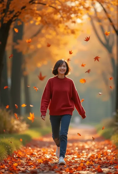  Beautiful short Korean woman in her 40s. short medium length hair.  best quality , 4K, 8k,  high res, masterpiece: 1.2),  Wearing a very detailed , (Realistic, Realistic, Realistic: 1.37),  autumn leaves , girl,  Autumn Leaf Picking ,  Dancing in the Wind...