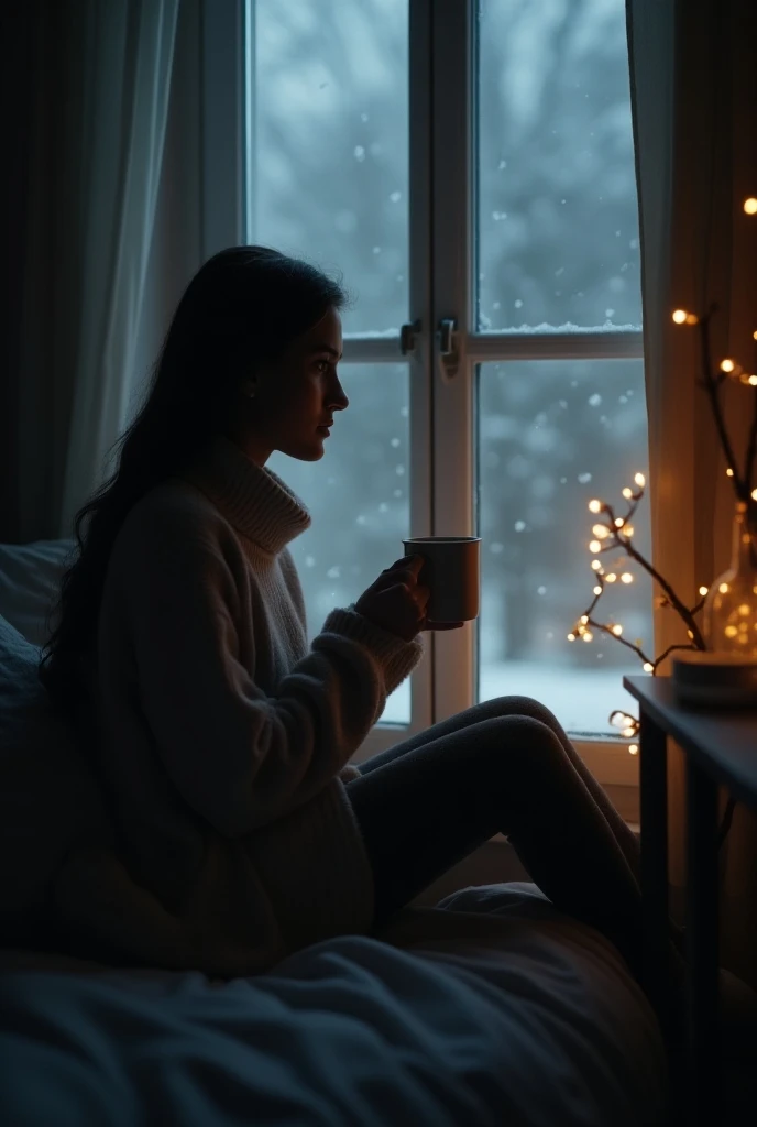 「 a single woman watching snow fall from her room window。 in a quiet room wrapped in dim lighting 、A sad expression to remember her lover 。 holding a warm mug 。
Christmas lights outside the window